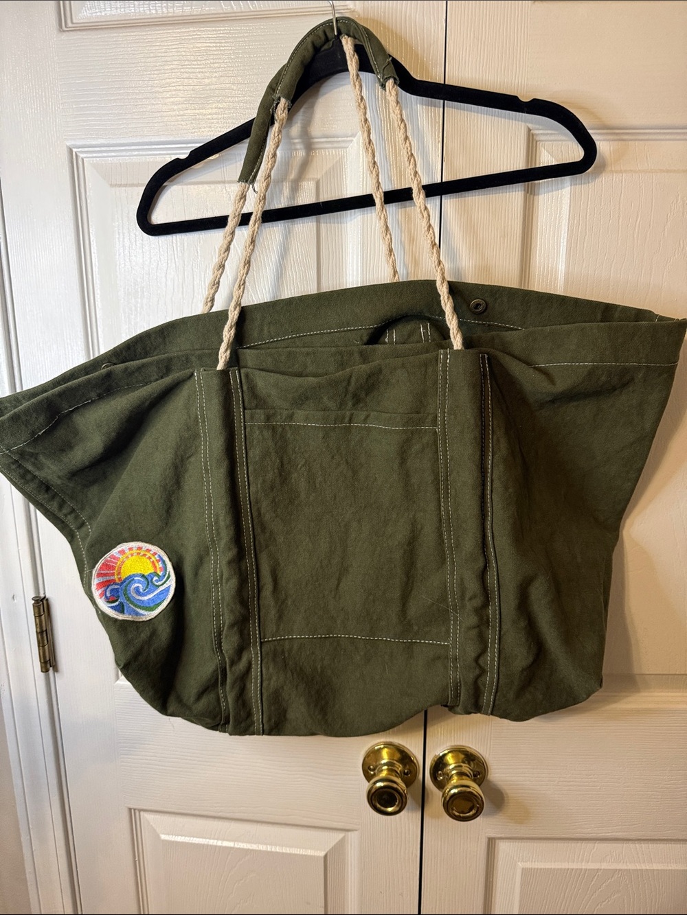 Free People Olive Green Canvas Tote with Embroidered Patch Detail - Picture 3 of 3